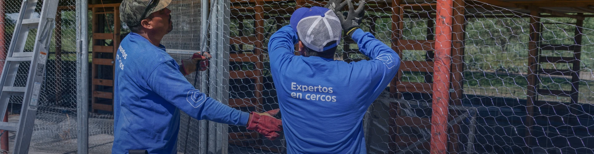 Dos hombres instalando una malla hexagonal